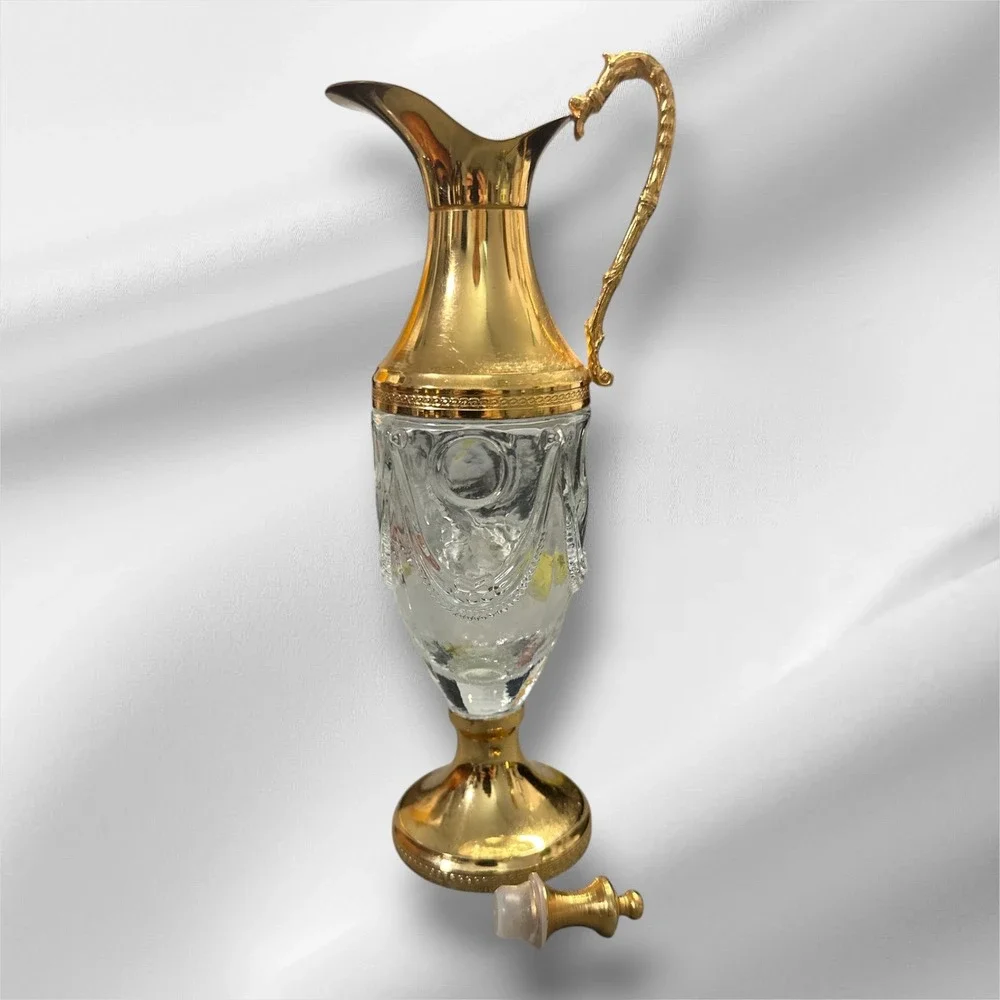 Vintage Italian Gold Tone Glass Decanter Pitcher‎ Dragon Handle 7.25